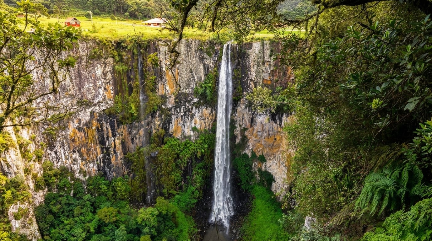 Queda monumental de 100m da Cachoeira do Avencal em meio à mata nativa