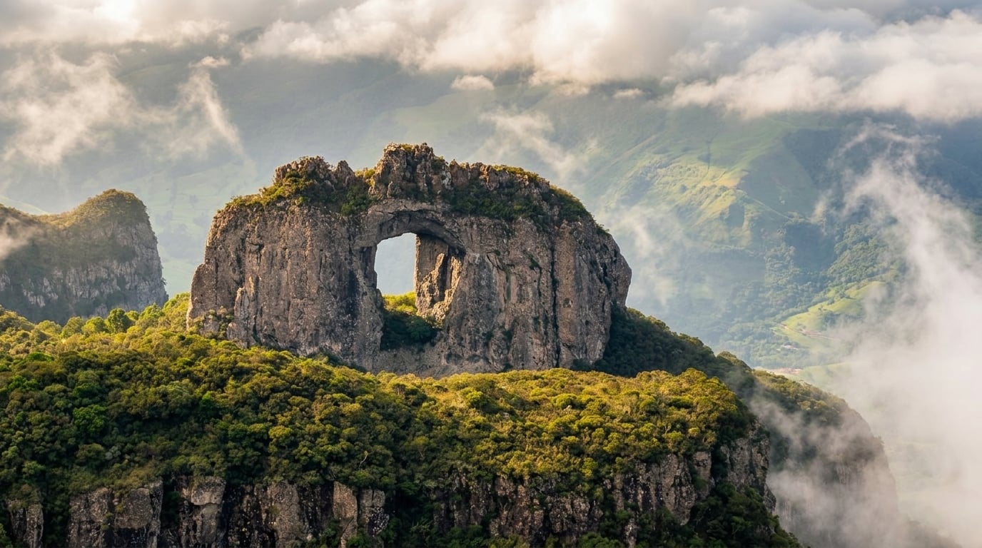 Monumento natural da Pedra Furada emoldurando a paisagem da serra em Urubici SC
