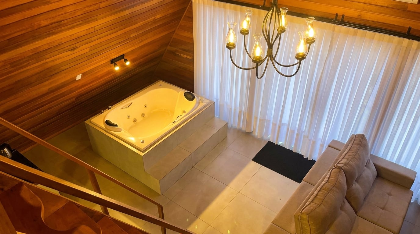 Sala de estar com lareira aconchegante e acabamento nobre