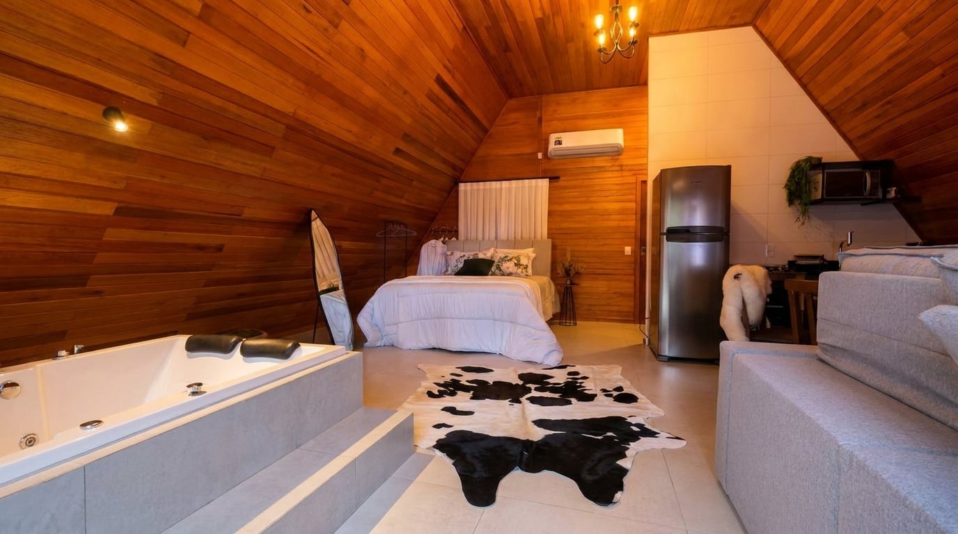 Quarto com cama Queen e vista para a serra