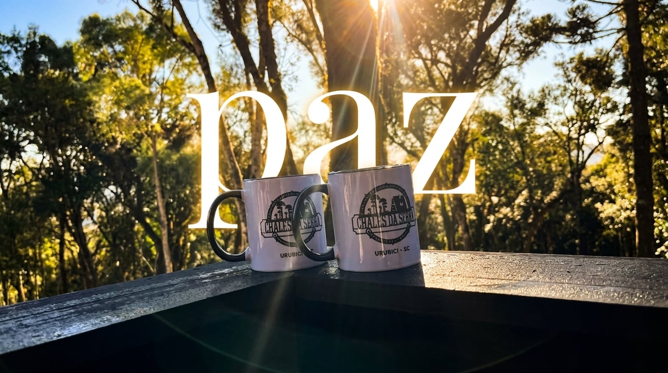 Canecas de café personalizadas no deck ao ar livre dos Chalés da Serra Urubici