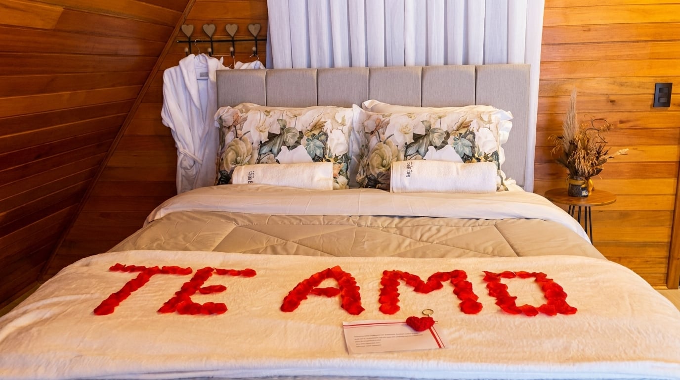 Decoração romântica com pétalas de rosas formando 'TE AMO' e enxoval especial no chalé